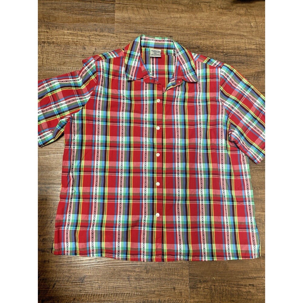 Vintage Allison Daley Womens 18 Red Plaid Short Sleeve Button Up Shirt Preppy